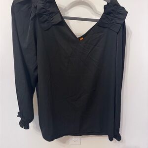 Black V-Neck Ruffle Shoulder Women's Top